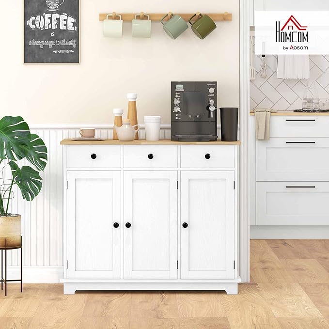 HOMCOM Sideboard with Solid Wood Countertop, Modern Kitchen Storage Cabinet, Coffee Bar Cabinet with 3 Drawers, Doors and Adjustable Shelf, Distressed White