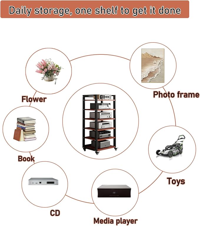 6 Tier Audio Rack Tower, CD Record Player Stereo Receiver AV Equipment Cabinet Display Rack, Weight capacity 661 lbs, with Adjustable Wooden Shelves for Home (TEAKWOOD, 6 TIER 47×19.7×15.7IN)