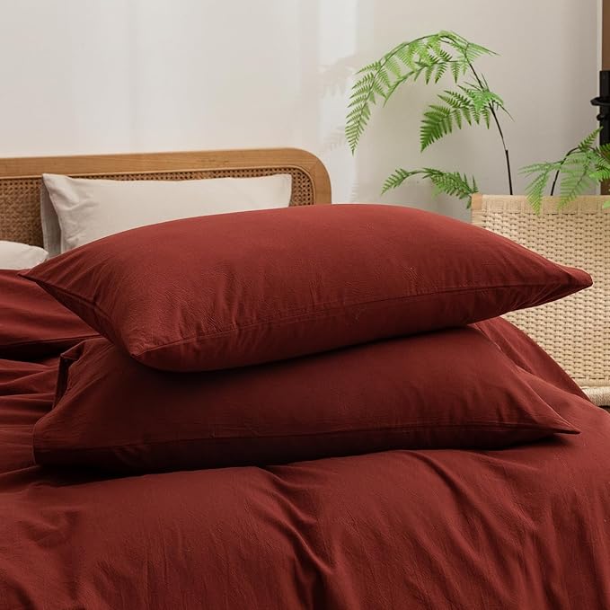BESTOUCH Duvet Cover Set 100% Washed Cotton Linen Feel Super Soft Comfortable Chic Lightweight 3 PCs Home Bedding Set Solid Fired Brick Red Cal King