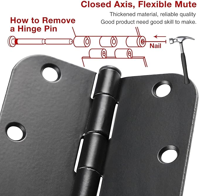 108 Pack Rounded Matte Black Door Hinges 3.5 Inch 5/8" Radius for Interior 3 1/2" Flat Iron Bifold Residential Standard Hinge Bedroom Indoor for Doors 3 ½"Hardware Heavy Duty Steel Regular Home Kit