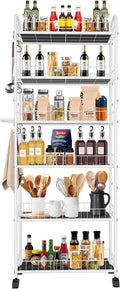 6 Tier 6in Slim Rolling Cart with Handle, White Mobile Shelving Unit with Wheels, Metal Wire Storage Rack with Baskets for Kitchen Bathroom Office Laundry Narrow Piaces