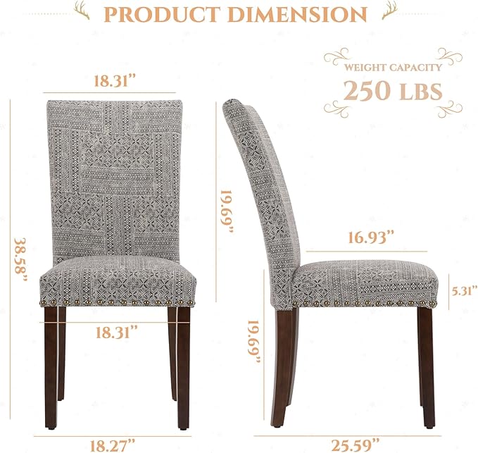 Parsons Dining Chairs Set of 6, Upholstered Nailhead Dining Room Kitchen Side Chair with Thick Cushions and Wood Legs, Black/White