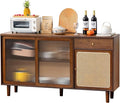 Tiita Bamboo Sideboard Buffet Cabinet, Rattan Kitchen Storage Cabinet with Drawer, Boho Coffee Bar Tables for Kitchen Hallway Office, Walnut