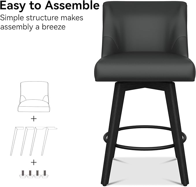 Counter Height Bar Stools Set of 3, Modern Swivel Barstools with Back and Wood Legs, Faux Leather Upholstered Bar Chairs, 26" H Kitchen Counter Stools, Kitchen Island Home Bar, Black Grey