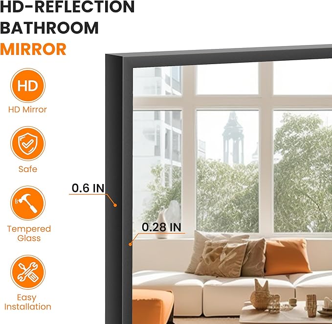 Bathroom Vanity Mirror for Wall, 20" x 30" Metal Framed Rectangular Bathroom Wall Mirror for Over Sink, HD Shatterproof Glass, Hangs Horizontally or Vertically(Black)