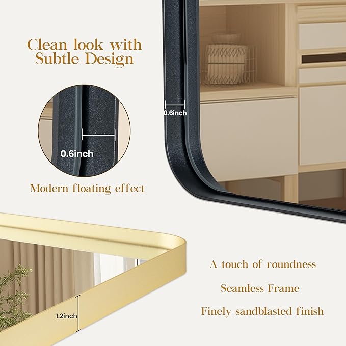 Fun Memories Gold Bathroom Mirror 20x30 Inch Bathroom Vanity, Metal Black Frame Large Mirror, Modern Wall Mirror for Bathroom, Tempered Glass, Farmhouse, Horizontally or Vertically