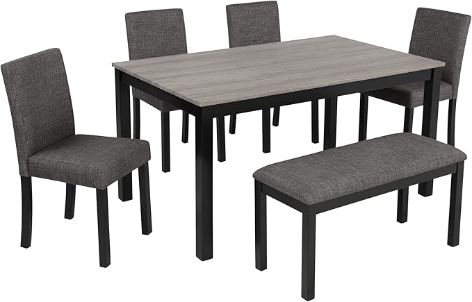 soges 6-Piece Kitchen Dining Table Set with Bench and Chairs, Dining Table Set for 6 with Bench, Wooden Table Set for Kitchen, Dining Room, Grey