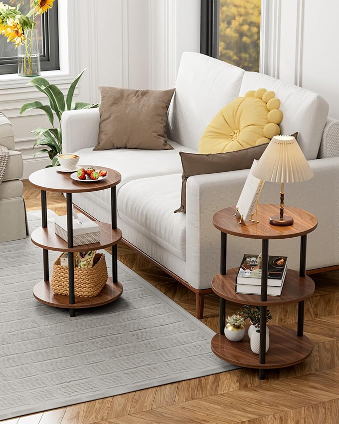 Small Round End Table - 3 Tier Design Accent Table, Narrow Side or Bedside Stand, Industrial Vintage Nightstand for Bedroom, Living Room, or Small Spaces, Rustic Walnut