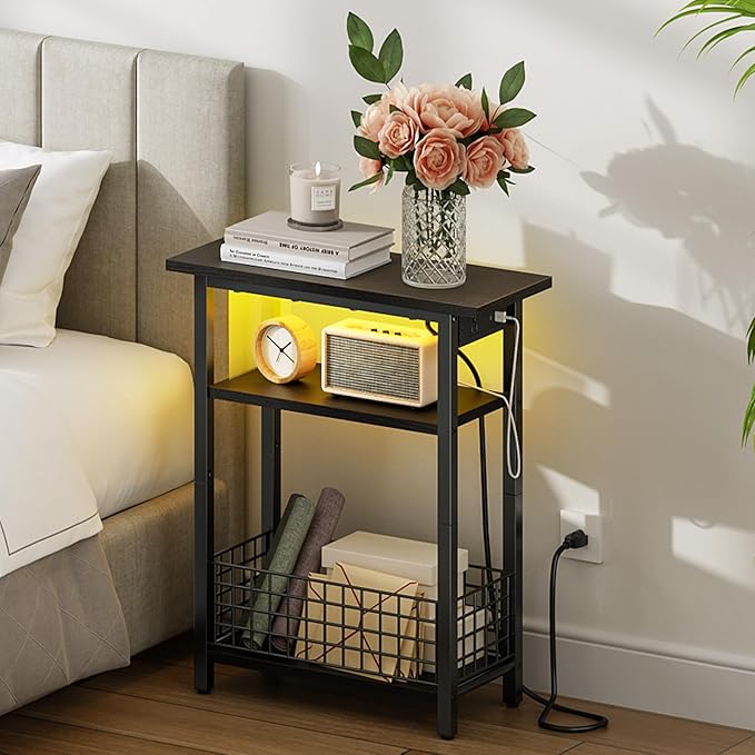 HOOBRO Narrow Side Table with Charging Station and LED Light, Small End Table with Storage, Skinny Nightstand with USB Port, Slim Bedside Table for Small Spaces, Living Room, Black BB242UDBZ01