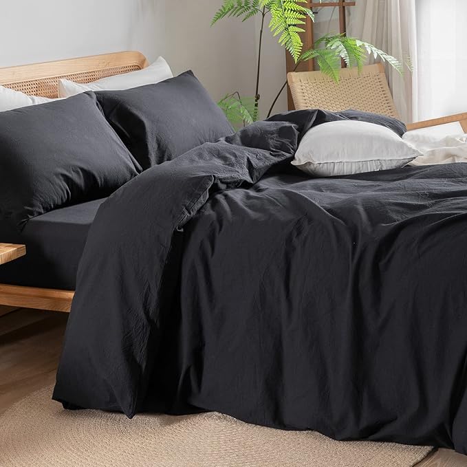 BESTOUCH Duvet Cover Set 100% Washed Cotton Linen Feel Super Soft Comfortable Chic Lightweight 3 PCs Home Bedding Set Solid Deep Black Cal King