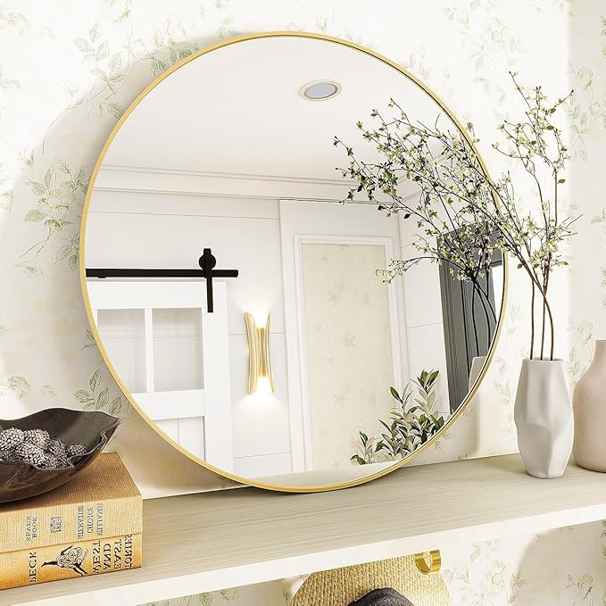 Gold Round Bathroom Mirror, 24 inch Circle Wall Mounted Hanging Mirror with Simple Modern Circular Metal Frame for Hallway, Entryway, Living Room, Gold Frame