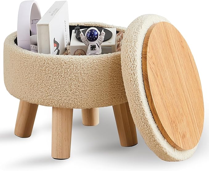 Wimarsbon Storage Ottoman, Modern Round Footrest with Soft Padded Seat, Teddy Velvet Footstool with Wood Legs, Accent Small Table or Plant Stand for Hallway, Living Room (Off-White)