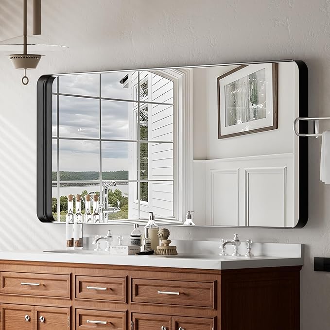 Bathroom Mirror 30x48 inch, Black Gorgeous Deep Frame Wall Mirror, Modern Round Corner Bathroom Vanity Mirror for Bedroom, Living Room, Hanging or Leaning Horizontal or Vertical, Black