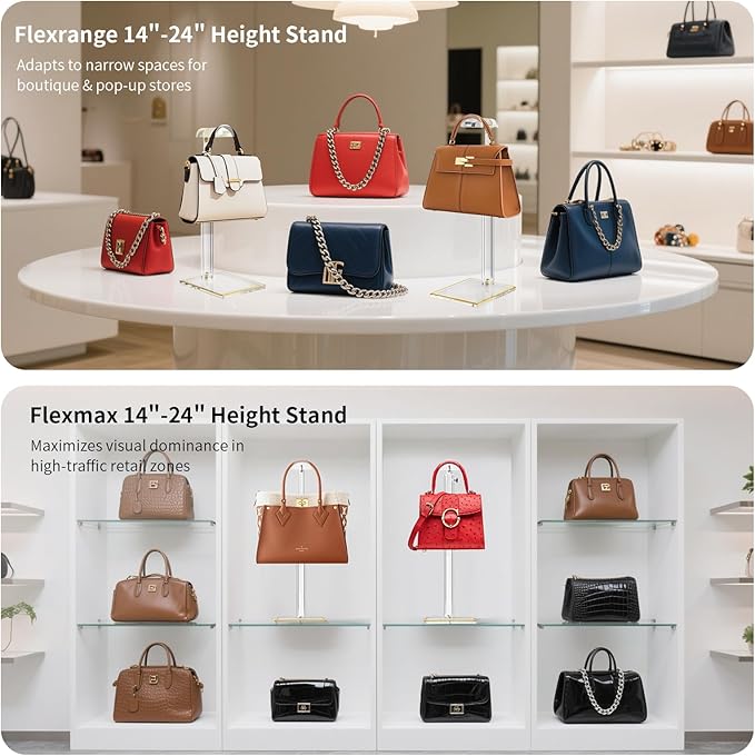 Acrylic Purse Display Stands, 14"-24" Adjustable Height Handbag Holder, Clear Purse Rack Stands for Closet Retail, Durable Gold Trim Bag Stand Hanging Wallet Jewelry Necklace Organizer