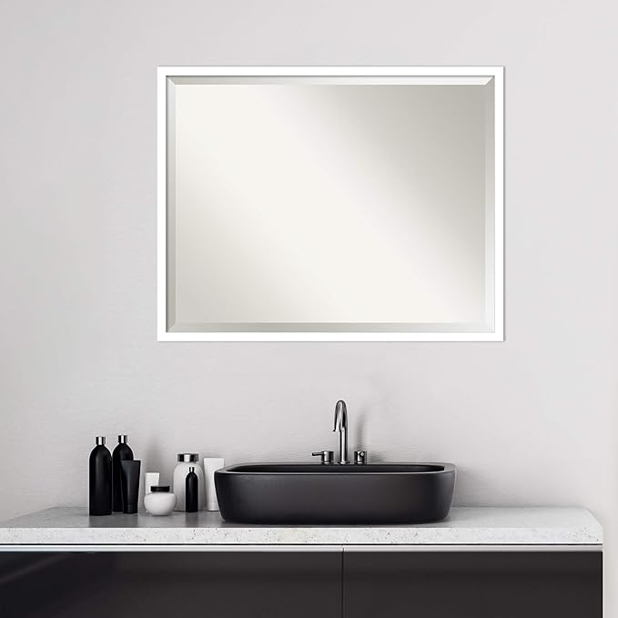Amanti Art White Bathroom Mirror for Over Sink, 24x30 Svelte White Rectangle Vanity Mirror, Large Modern Contemporary Wood Frame, Hangs Horizonally and Vertically, Bathroom Wall Decor, Beveled Edge
