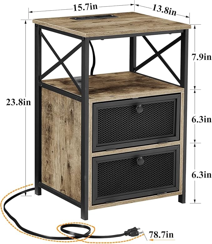 VECELO Grey Side End Tables with Charging Station,24" Set of 2 Nightstand with USB Ports and Outlets Bedside Furniture for Living Room, Bedroom,Sofa Couch