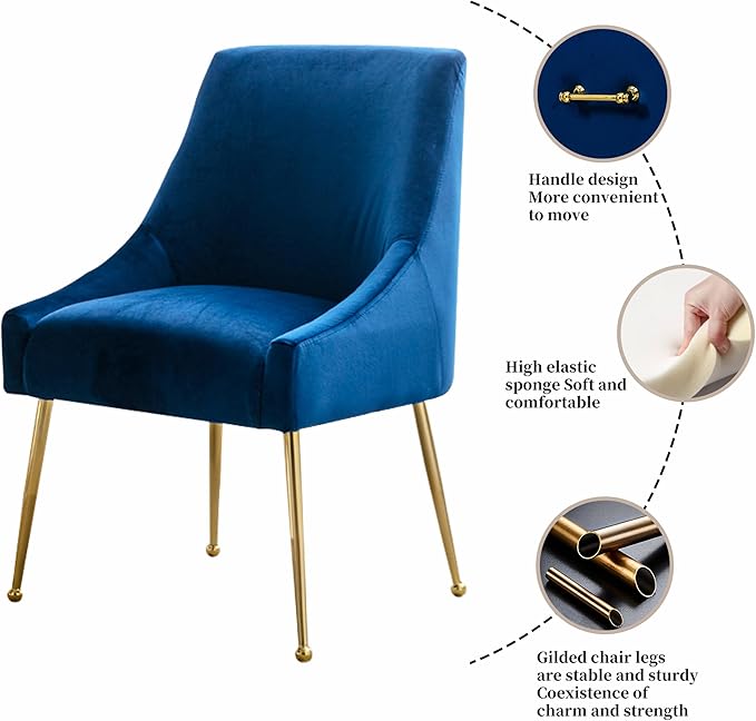 Modern Velvet Dining Chairs Set of 6, Contemporary Upholstered Furniture Collection with Polished Gold Metal Legs, Elegant Accent Chairs for Kitchen Living Room(Blue)