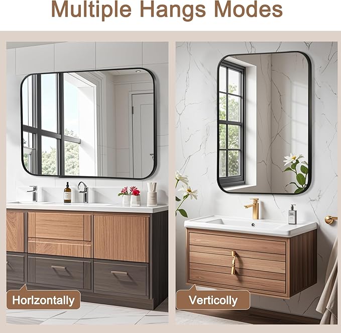 Matte Black Mirror, 20"x30" Rectangle Bathroom Mirror, Metal Frame Rectangle Corner Vanity Mirror, Wall Mounted Mirror for Modern, Living Room, Bedroom, Horizontal Or Vertical