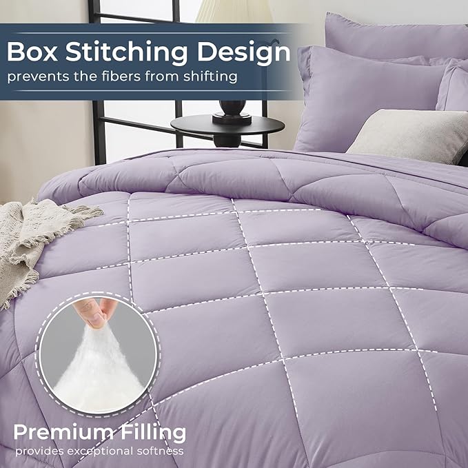 HEVUMYI Queen Purple Comforter Set - 7-Piece All Season Bed in a Bag Queen, Ultra Soft Bedding Set with Comforter, Flat Sheet, Fitted Sheet, Pillowcases, Pillow Shams, Lavender Purple
