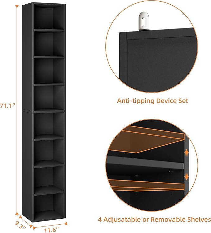 Bamjoy 71 Inches Tall Narrow Bookcase, 8-Tier Slim CD DVD Media Tower Rack, Corner Bookshelf with Adjustable Shelves, Cube Skinny Bookshelf for Home Office Small Space, Black