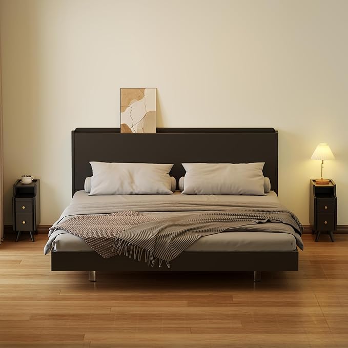 Narrow Nightstand with Drawers, Wood Bedside Table, Small Black Nightstand Set of 2