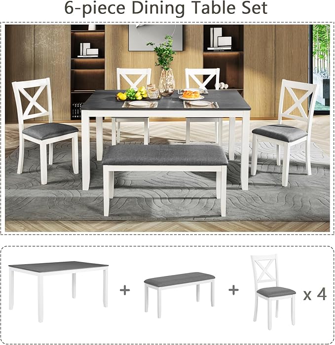 KEIKI 6-Piece Standard Height Dining Table Set with Rectangular Table, 4 Upholstered Chair, Bench, for 6 Person, Modern Style Wooden Table Set, Easy Assembly, for Kitchen, Dining Room, White+Gray