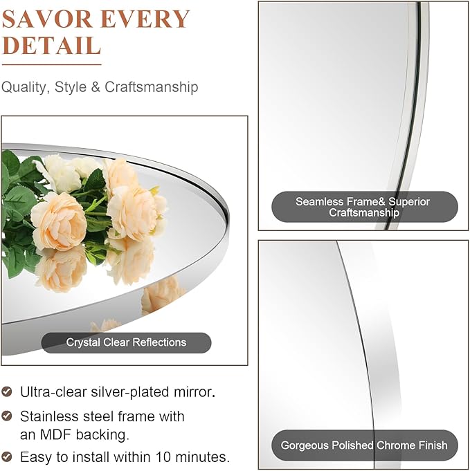 ANDY STAR Chrome Bathroom Mirror, 24x32 Inch Polished Chrome Oval Wall Mirror for Bathroom, Modern Chrome Wall Mirror Pill Shaped Stainless Steel Metal Mirror