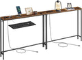 VASAGLE Set of 2 Console Tables with Power Outlets, Slim Behind Couch Sofa Tables, 5.9 x 39.4 x 31.5 Inches, 2 Hooks, Easy Assembly, for Entryway, Living Room, Rustic Brown and Ink Black ULNT078K01