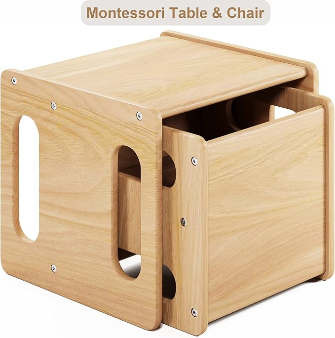 Montessori Weaning Table and Chair Set,Real Hardwood, Desk for Toddler Reading,Snack Time,Playroom,Activity Cube,Step Stool,1-3 Year Old Kids Montessori Furniture