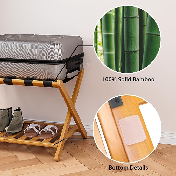Fully Assembled Bamboo Luggage Racks, Foldable Suitcase Stand with 5 Nylon Straps, Luggage Stand with Shoe Shelf Ideal for Guest Room, Bedroom, Hotel, Honey Oak