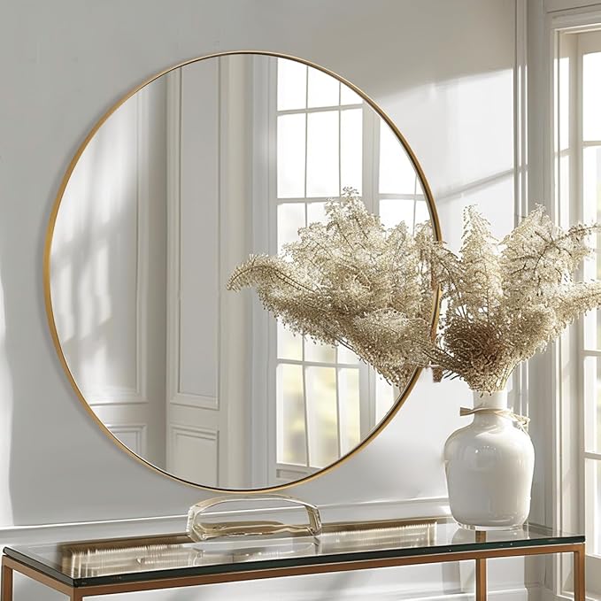 ANDY STAR Gold Round Mirror, 24’’ Brushed Gold Circle Bathroom Mirrors in Stainless Steel Metal Frame 1" Deep Set Design