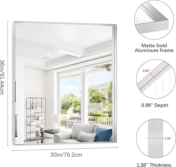 Silver Bathroom Mirror, 30x36 Inch Rectangular Framed Mirror, Large Wall Mounted Bathroom Vanity Mirror Over Sink for Bedroom,Restroom, Living Room, Hangs Vertically or Horizontally