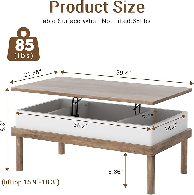 Shintenchi Coffee Table, Lift Top Coffee Table with Hidden Compartment, Rising Tabletop Dining Table, Lift Top Coffee Center Table for for Living Room, Office, Home (Ivory)