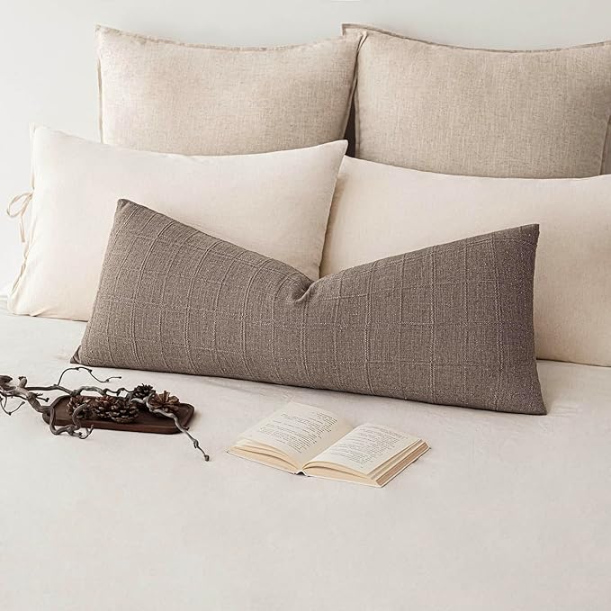 Foindtower Set of 2 Decorative Linen Check Throw Pillow Covers Neutral Long Body Lumbar Cushion Covers Farmhouse Vintage Boho Home Decor for Sofa Chair Couch Bedroom Living Room,14×36 Inch,Tan Taupe