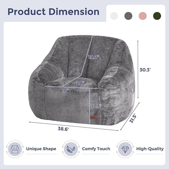MAXYOYO Bean Bag Chair, Comfy Bean Bag Sofa with Back Support, Faux Fur Bean Bag Chair for Adults and Kids, Stuffed Floor Sofa for Living Room, Bedroom, Apartment, Grey
