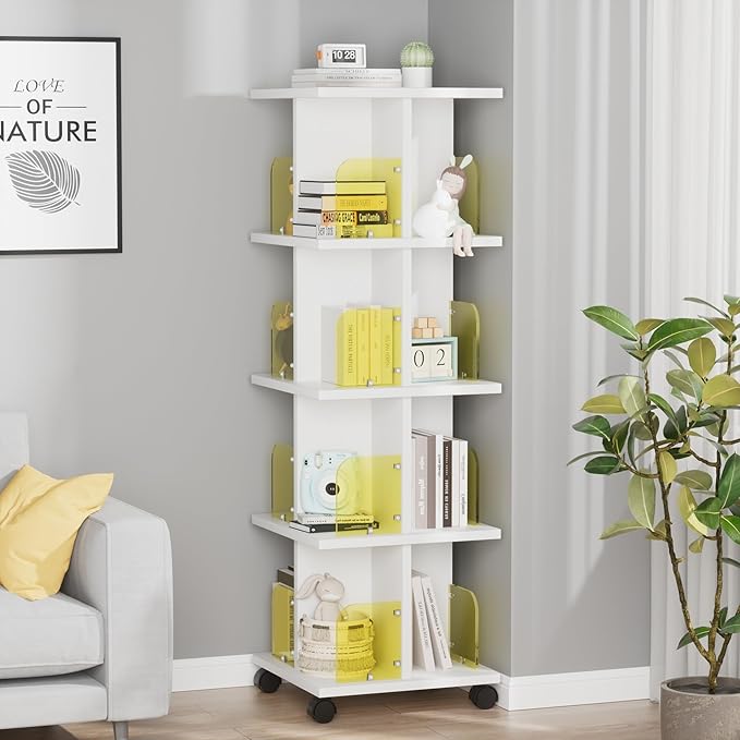 VECELO Rotating Bookshelf with Brake Wheels, 360°Display 4 Tier Floor Stackable Spinning-Bookshelf Tower for Kids&Adults, Revolving Bookcase for Small Space,Corner(White)