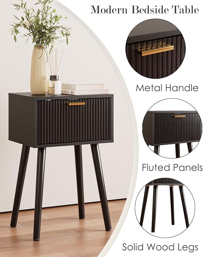 Night Stand, Black Nightstand with Fluted Door, Small Modern Mid-Century Bedside Table for Bedroom, End Table for Living Room
