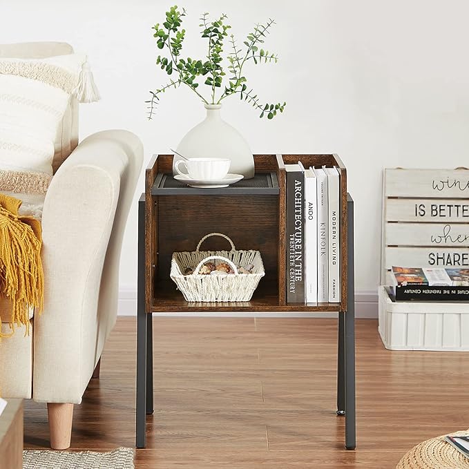 VECELO Nightstand Set of 2,Industrial End Table,Bedside Table with 2-Tier Open Storage Shelves,Wood Side Table with Metal Frame for Bedroom, Living Room,Small Spaces