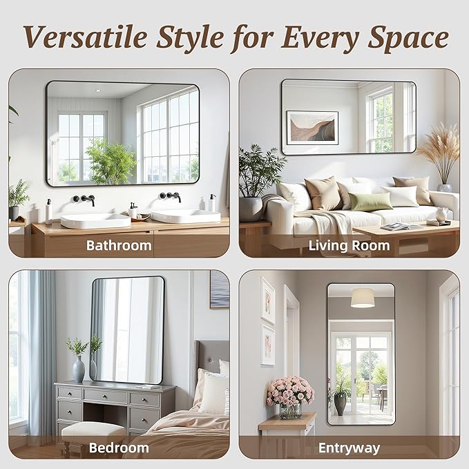 Bathroom Mirror 60" x 30", Large Rectangle Wall Mirror, Silver Metal Frame Wall Mounted Mirrors for Bathroom, Vanity, Bedroom, Entryway Decor(Horizontal/Vertical)