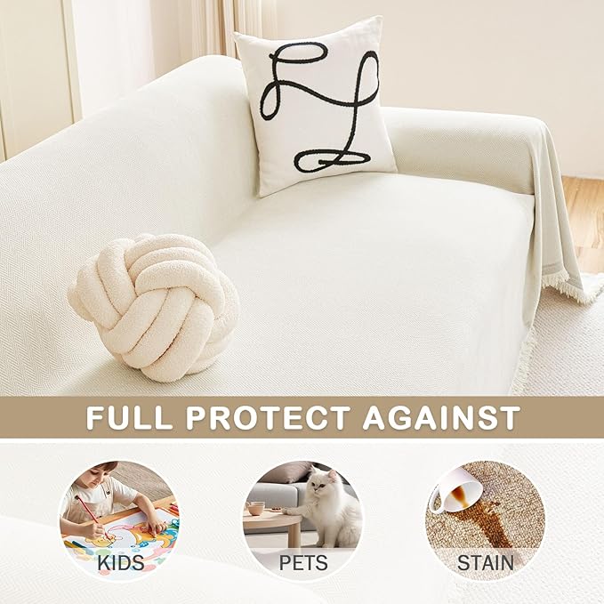 hyha Couch Cover for Dogs, Boho Sofa Covers for 3 Cushion Couch Washable, Chenille Sofa Slipcover for Pets, Soft Loveseat Sectional Couch Throw Blankets with Tassels (Beige, 71x118 Inch)