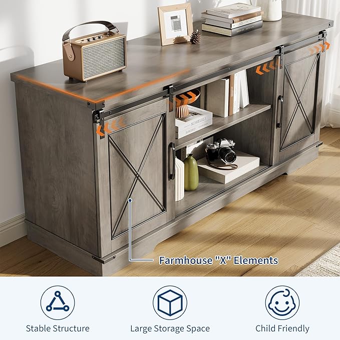 CABIHOME Farmhouse TV Stand and Entertainment Center for TV Up to 65 Inches with Sliding Barn Doors and Adjustable Shelf, TV Media Storage Console Table and Furniture for Living Room, Bedroom, Grey