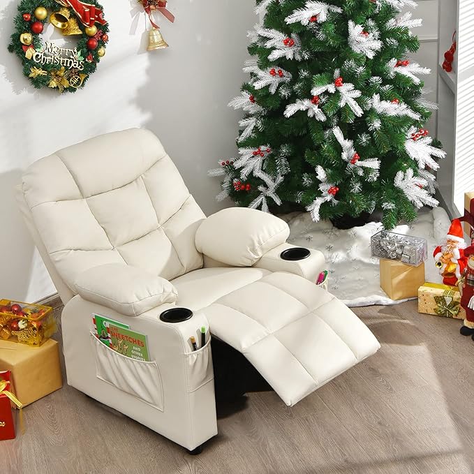Costzon Kids Recliner Chair with Cup Holder, Adjustable Lounge Chair w/Footrest & Side Pockets for Children Boys Girls Room, Ergonomic Toddler Furniture Sofa, Kids Recliner (Beige)