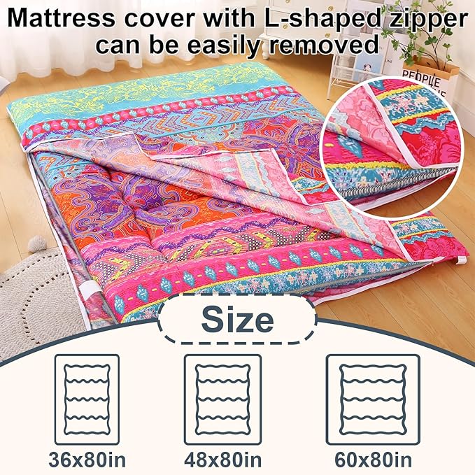 Bohemian Retro Japanese Floor Mattress, Vintage Floral Tatami Floor Mat, Portable Roll up Futon Mattress for Guest,Tavel (D,Full 80" X 47")
