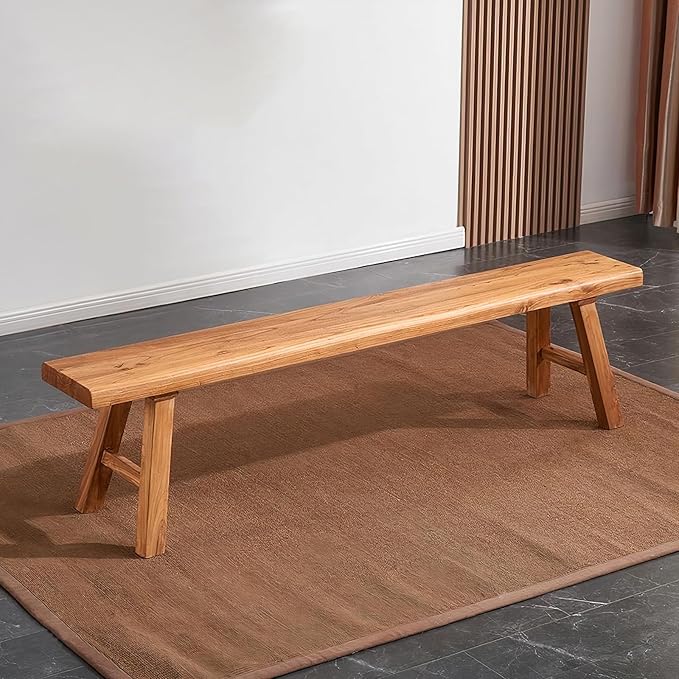 Farmhouse Wood Bench Indoor - 63Inch entryway Bench, Natural Solid Wood, Durable and Sturdy, Suitable for Dining Room, Bedroom, Porch and Other Narrow Spaces