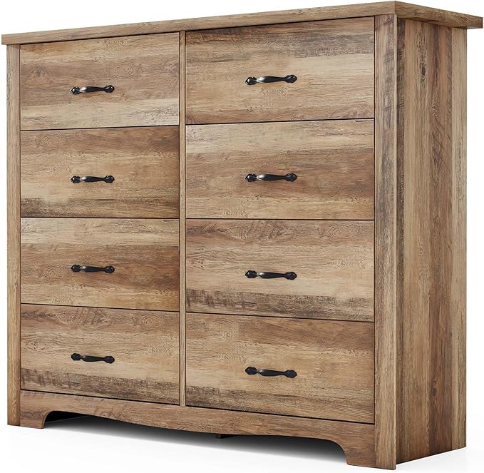 LINSY HOME 8 Drawers Dresser for Bedroom, 47" Wide Wood Dressers & Chests of Drawers, 40" Tall Modern Farmhouse Storage Dresser with Antique Handles for Closet, Living Room, Hallway, Rustic Brown
