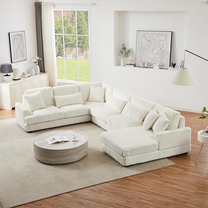 129" Oversized U Shaped Modular Sectional Sofa Couch for Living Room 7 Seater Plush Corduroy Upholstered Large Sofa Deep Seat Cloud Couch with Extra Wide Chaise Lounge and Detachable Thick Cushions