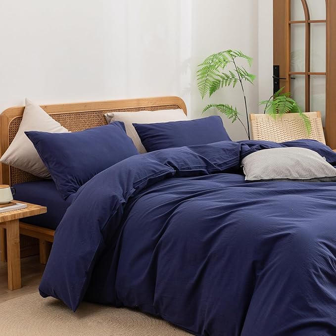 BESTOUCH Duvet Cover Set 100% Washed Cotton Linen Feel Super Soft Comfortable Chic Lightweight 3 PCs Home Bedding Set Solid Navy Blue Full/Double