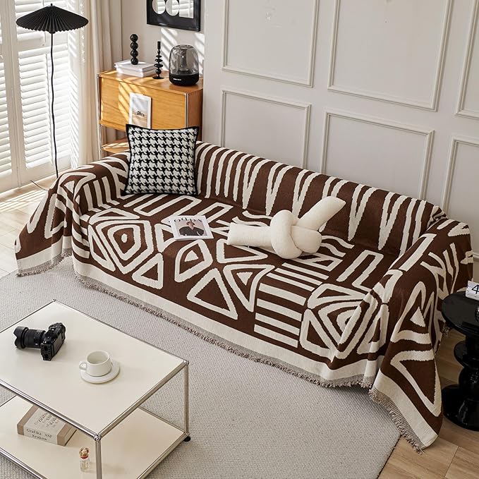 STACYPIK Soft Breathable Boho Chocolate Sofa Cover Stain Resistant Furniture Protector for 3 Cushion Couch Washable Sofa Cover for Dogs Cats Dark Khaki Reversible Sectional Covers for Sofa-91X134IN