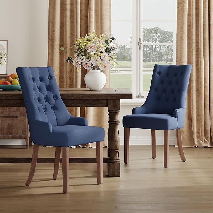 COLAMY Wingback Upholstered Side Dining Room Chairs Set of 4, Fabric Dining Chairs with Tufted Button, Living Room Chairs for Home Kitchen, Blue