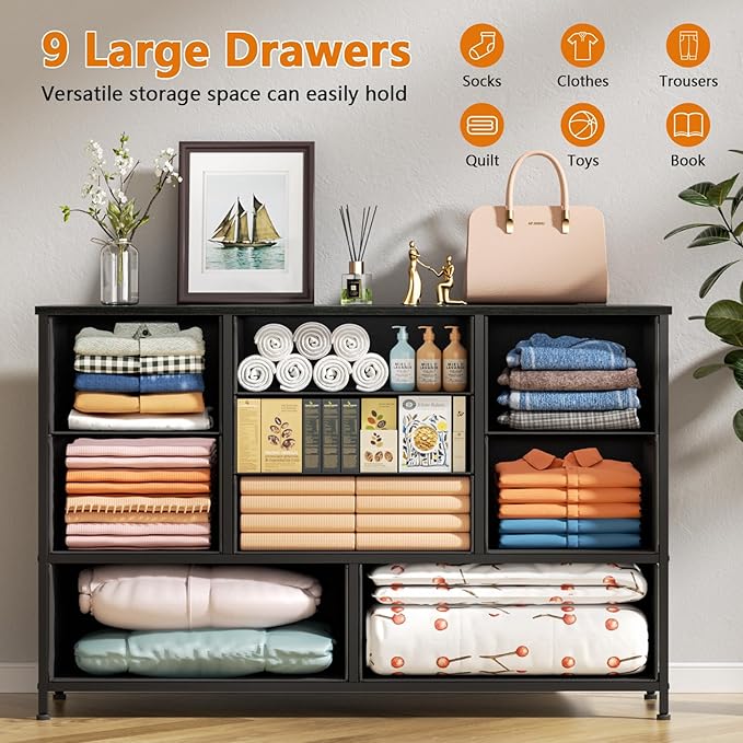Furnulem Dresser for Bedroom with 9 Large Drawers for 55'' Long Chest TV Stand Entertainment Center, Wood Shelf Storage for Living Room, Dorm, Closet, Entryway, Sturdy Metal Frame(Black Oak)
